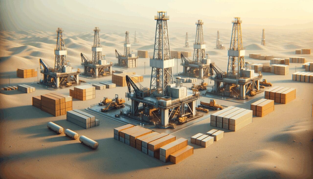 Plataformas petroleras en un paisaje semiárido con equipos tecnológicos y contenedores cerca, bajo cielo despejado.