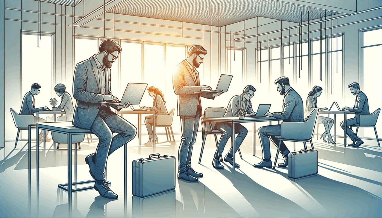 Emprendedores trabajando en laptops en un espacio moderno de coworking, ambiente de colaboración y tecnología.