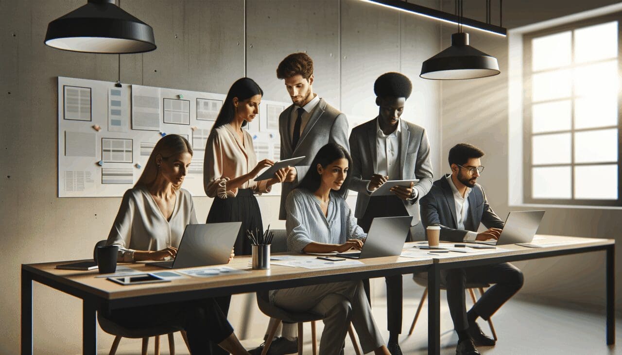 Equipo multicultural colaborando en una oficina con dispositivos digitales y pizarras de proyectos.