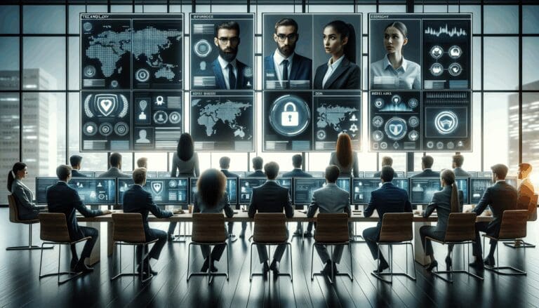 Equipo tecnológico supervisando paneles digitales que muestran alertas de ciberseguridad en una oficina moderna.