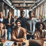 Grupo diverso de jóvenes emprendedores trabajando juntos en un espacio de coworking moderno.