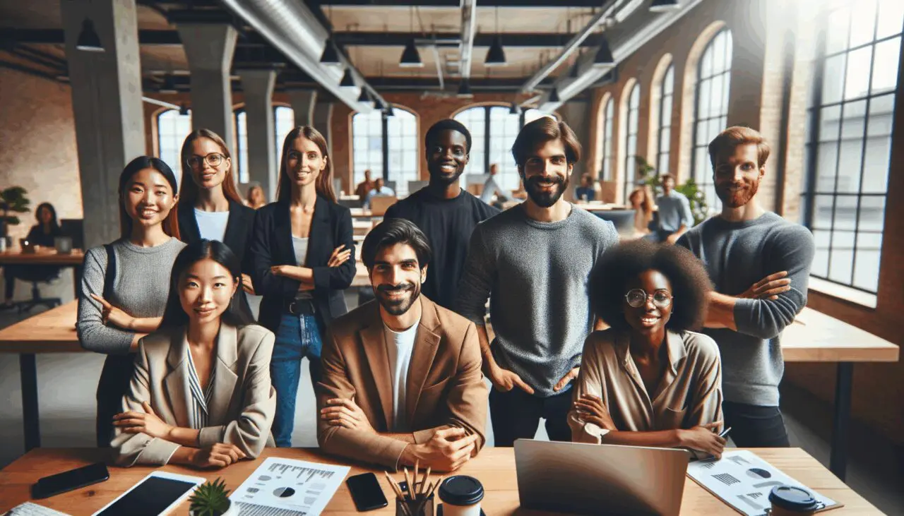Grupo diverso de jóvenes emprendedores trabajando juntos en un espacio de coworking moderno.