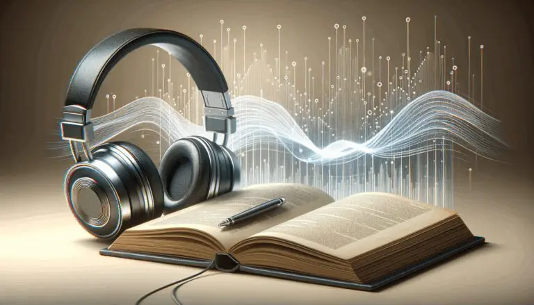 Ilustración abstracta de un libro abierto junto a auriculares modernos y ondas sonoras digitales.