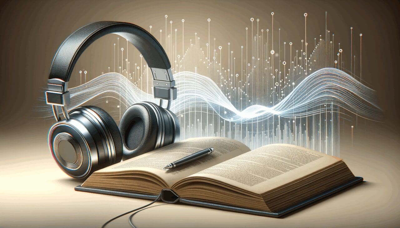 Ilustración abstracta de un libro abierto junto a auriculares modernos y ondas sonoras digitales.