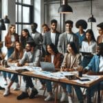 Jóvenes emprendedores reunidos en un espacio moderno, colaborando e ideando proyectos tecnológicos.