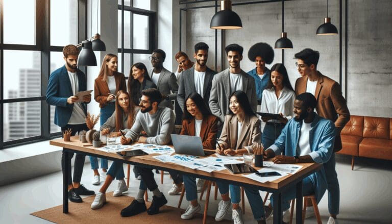 Jóvenes emprendedores reunidos en un espacio moderno, colaborando e ideando proyectos tecnológicos.
