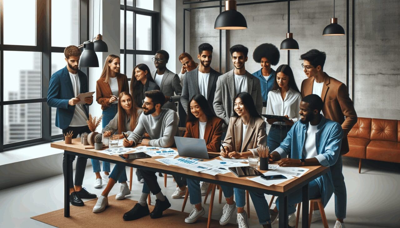 Jóvenes emprendedores reunidos en un espacio moderno, colaborando e ideando proyectos tecnológicos.