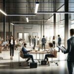 Espacios de coworking modernos y personas colaborando en un entorno innovador.