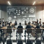 Sala de conferencias moderna con emprendedores dialogando y tecnología de fondo.