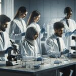 Equipo de científicos analizando muestras en un laboratorio moderno con tecnología avanzada.