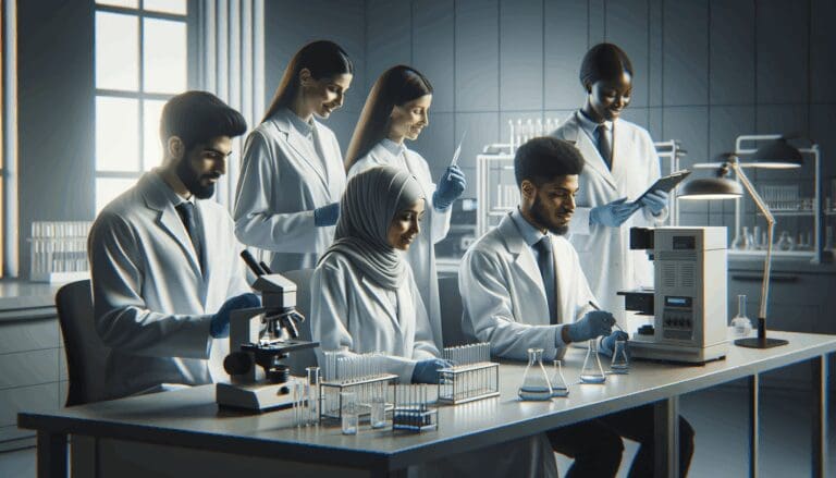 Equipo de científicos analizando muestras en un laboratorio moderno con tecnología avanzada.