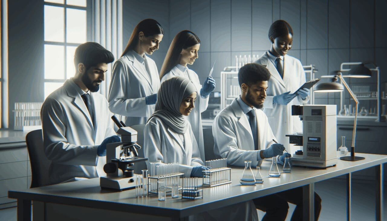Equipo de científicos analizando muestras en un laboratorio moderno con tecnología avanzada.