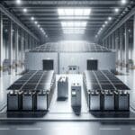 Primer plano de una instalación industrial con baterías modulares y paneles solares en ambiente moderno y bien iluminado.
