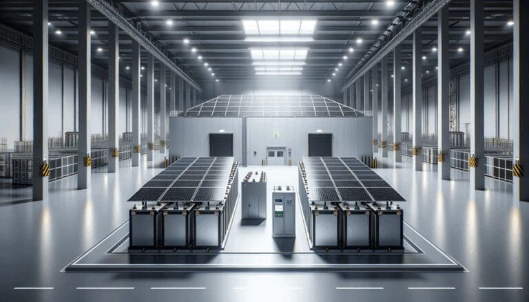 Primer plano de una instalación industrial con baterías modulares y paneles solares en ambiente moderno y bien iluminado.