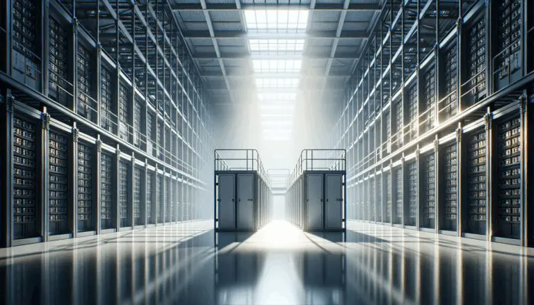 Sala industrial con racks de baterías y luz natural, ambiente moderno y tecnológico.