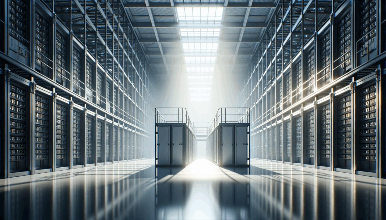 Sala industrial con racks de baterías y luz natural, ambiente moderno y tecnológico.