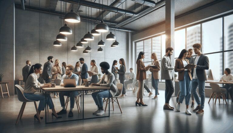 Grupo diverso de jóvenes y adultos interactuando en un espacio de coworking moderno.