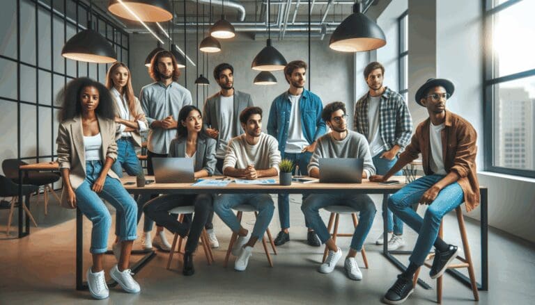 Jóvenes emprendedores revisando estrategias en un espacio de coworking tecnológico moderno.