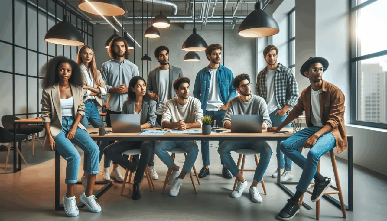 Jóvenes emprendedores revisando estrategias en un espacio de coworking tecnológico moderno.