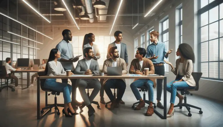 Emprendedores reunidos en un coworking discutiendo estrategias tecnológicas.