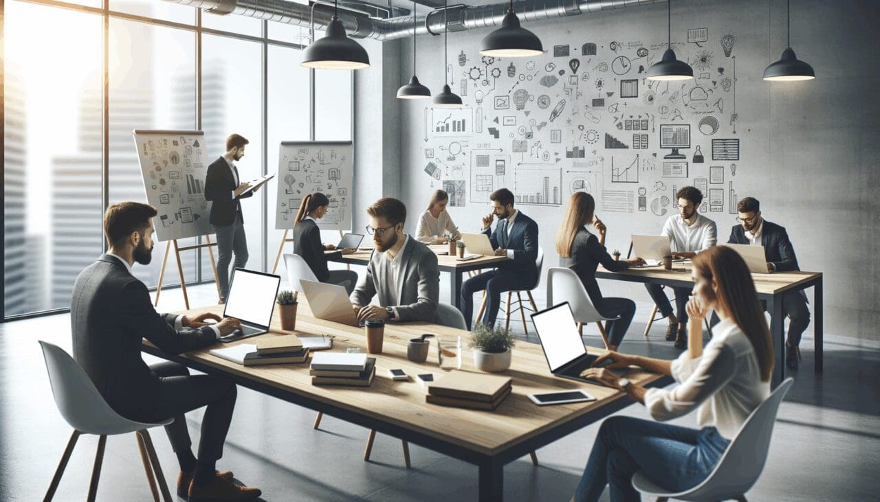 Emprendedores trabajando en un coworking, con laptops y pizarras llenas de ideas.