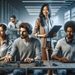 Ilustración digital de un equipo multicultural desarrollando videojuegos y aplicaciones tecnológicas en una oficina moderna.