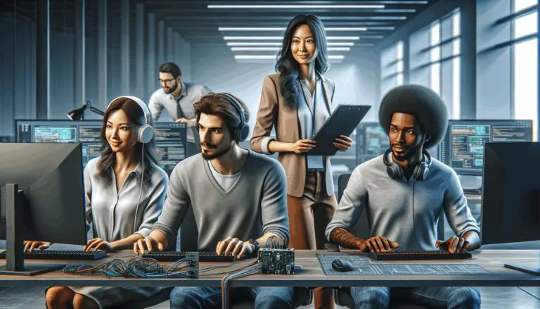 Ilustración digital de un equipo multicultural desarrollando videojuegos y aplicaciones tecnológicas en una oficina moderna.