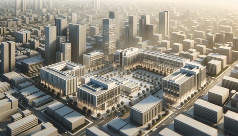 Vista aérea de un campus tecnológico con edificios modernos
