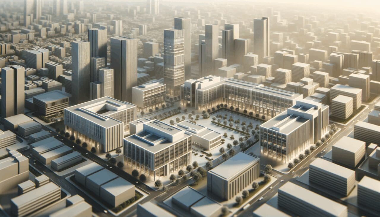 Vista aérea de un campus tecnológico con edificios modernos