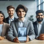 Jóvenes emprendedores revisando aplicaciones de movilidad urbana en una oficina moderna.