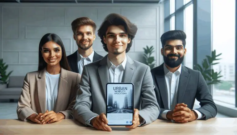 Jóvenes emprendedores revisando aplicaciones de movilidad urbana en una oficina moderna.