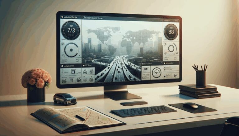 Panel de control digital mostrando datos y mapas de rutas de vehículos sobre un escritorio moderno.