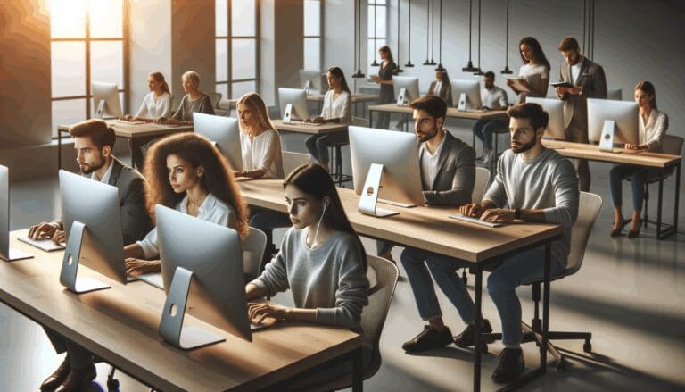 Jóvenes emprendedores colaborando frente a computadoras en un espacio de coworking moderno, ambiente tecnológico.