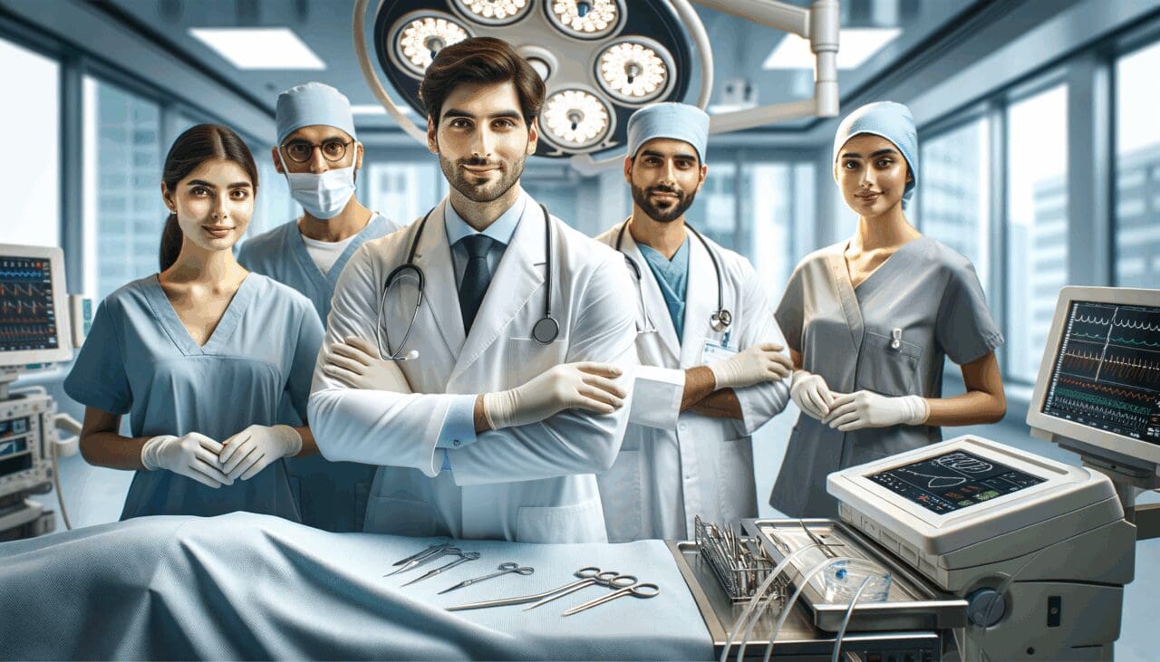 Personal médico en una sala de cirugía moderna con tecnología avanzada