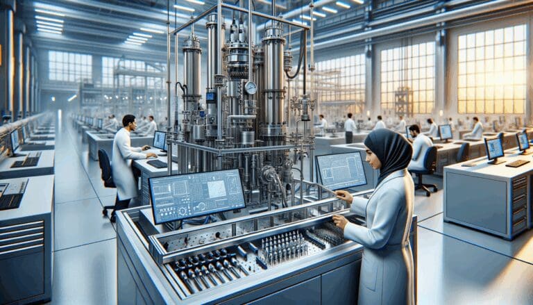 Primer plano de un laboratorio industrial de energía limpia con ingenieros trabajando en maquinaria tecnológica.