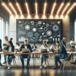 Personas colaborando en un espacio moderno con laptops y pizarras digitales, ambiente de innovación.