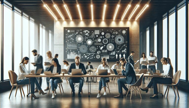 Personas colaborando en un espacio moderno con laptops y pizarras digitales, ambiente de innovación.