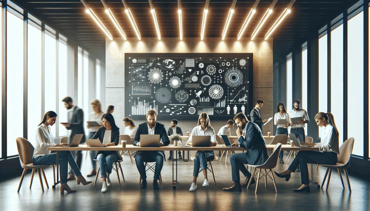 Personas colaborando en un espacio moderno con laptops y pizarras digitales, ambiente de innovación.