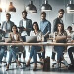 Equipo de jóvenes profesionales trabajando juntos en un espacio de coworking tecnológico moderno.