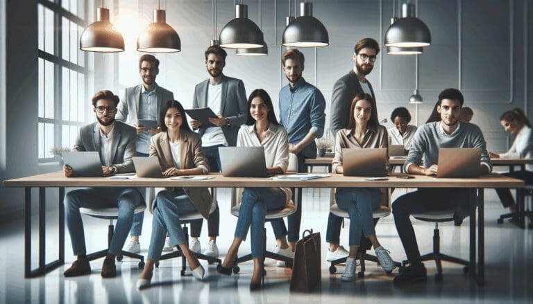 Equipo de jóvenes profesionales trabajando juntos en un espacio de coworking tecnológico moderno.