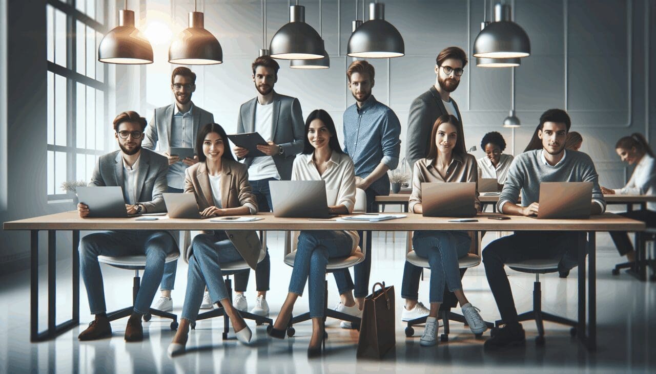 Equipo de jóvenes profesionales trabajando juntos en un espacio de coworking tecnológico moderno.