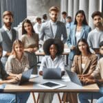 Grupo de jóvenes profesionales en un espacio moderno de coworking, colaborando con laptops y pizarras digitales.