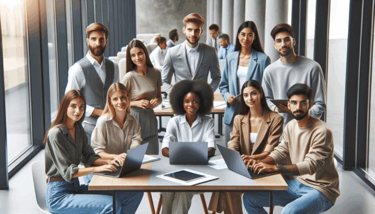 Grupo de jóvenes profesionales en un espacio moderno de coworking, colaborando con laptops y pizarras digitales.