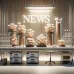 Laboratorio tecnológico con cultivos de hongos y residuos industriales en un entorno moderno.