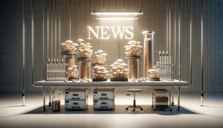 Laboratorio tecnológico con cultivos de hongos y residuos industriales en un entorno moderno.