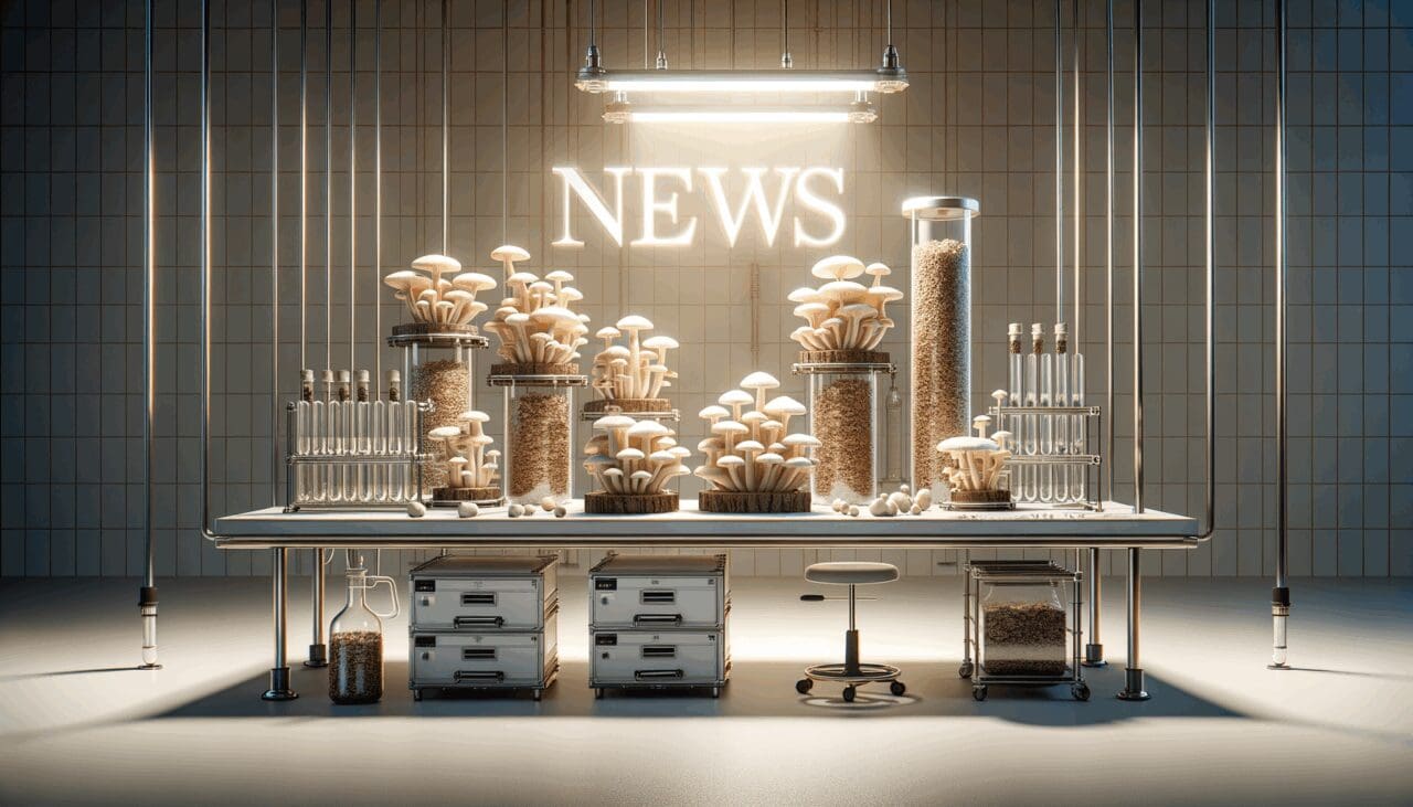 Laboratorio tecnológico con cultivos de hongos y residuos industriales en un entorno moderno.