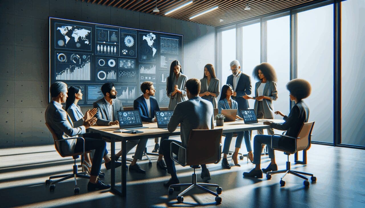 Equipo de emprendedores colaborando en una sala de reuniones moderna con pantallas digitales y gráficos de datos.