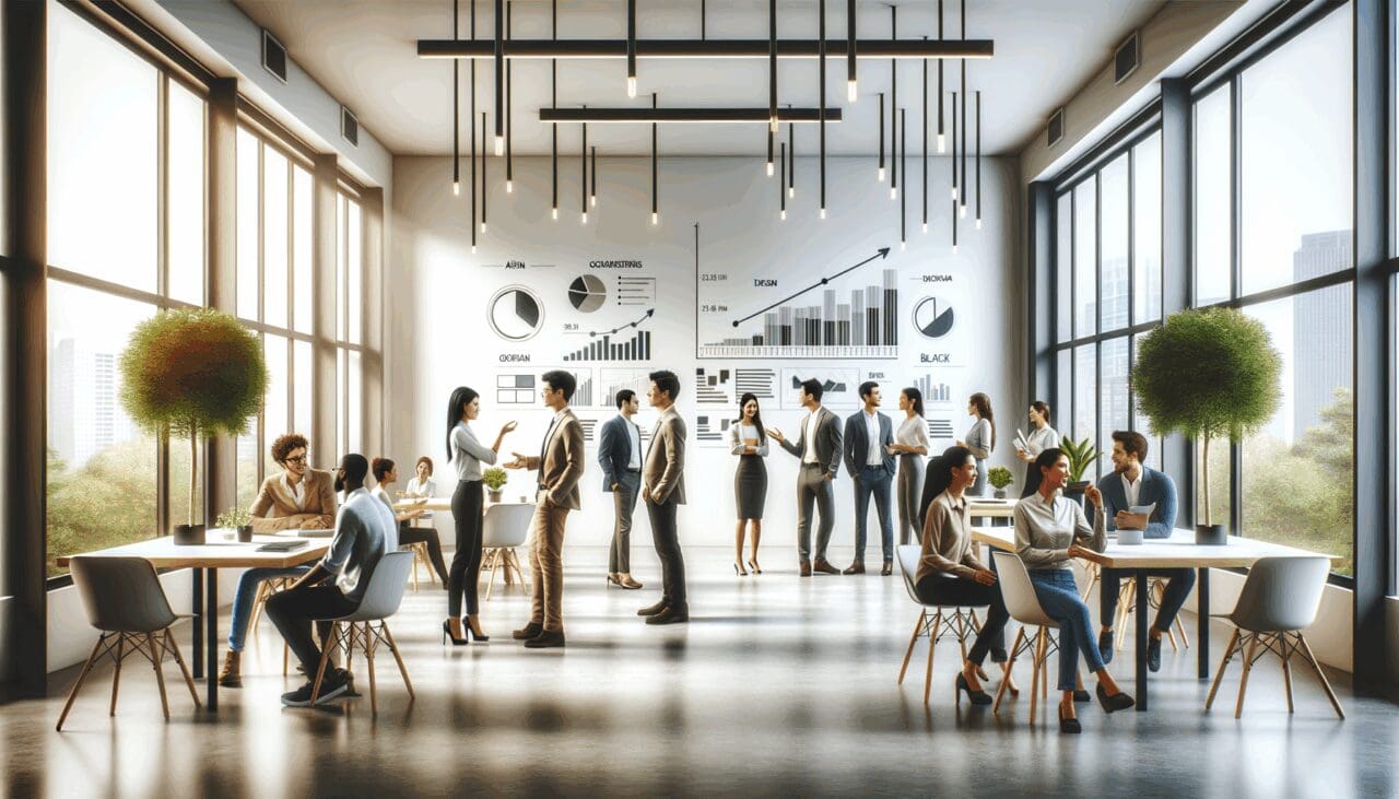 Fotografía de jóvenes empresarios en una oficina moderna, discutiendo frente a pizarras con esquemas de crecimiento.