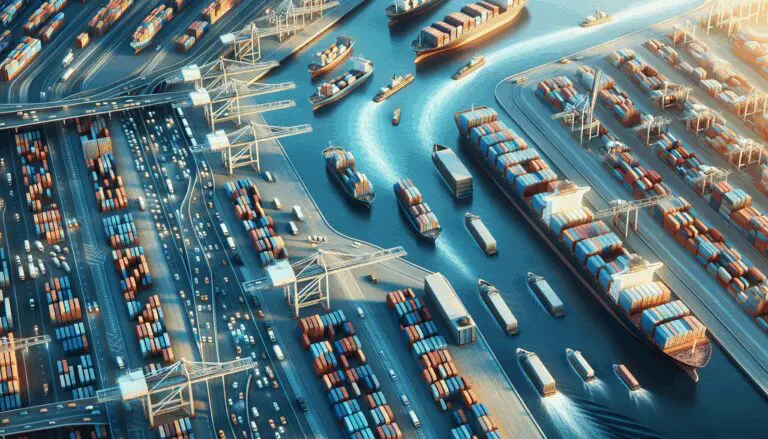 Vista aérea del Puerto de Santos con contenedores y barcos en movimiento