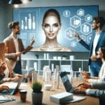 Emprendedores en un espacio moderno trabajando en proyectos tecnológicos enfocados en belleza y cosmética.